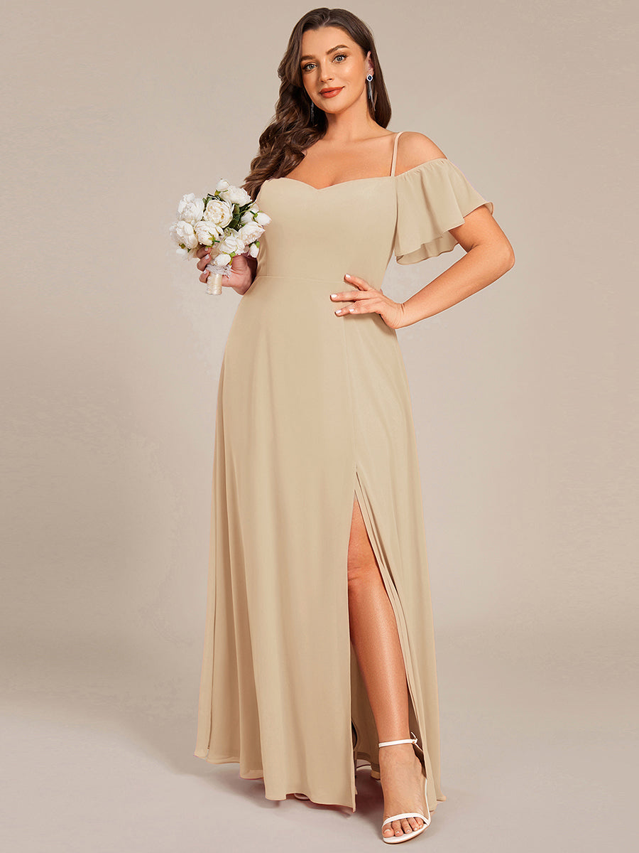 Bodenlanger Offshoulder A-Linien Chiffon Kleid Mit Hohem Schlitz #Farbe_Champagner