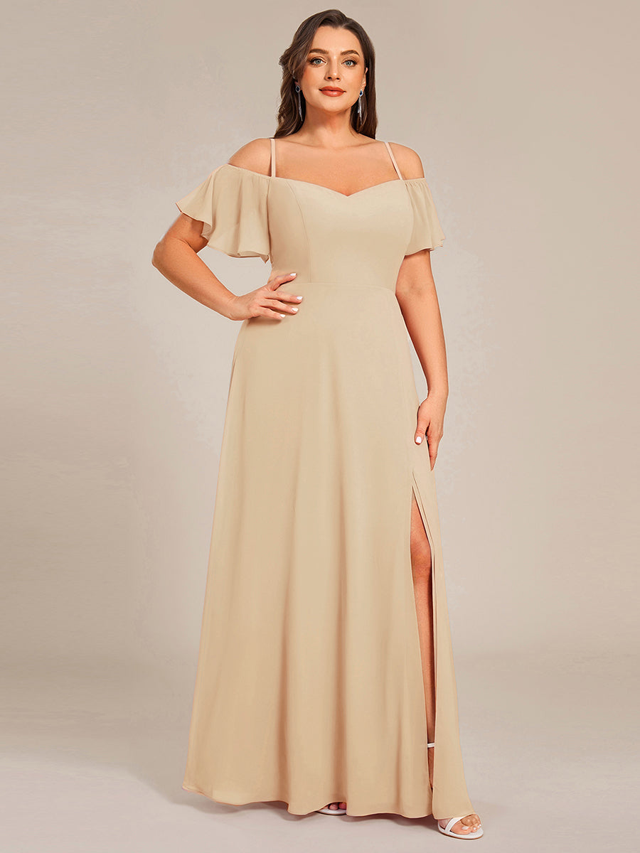 Bodenlanger Offshoulder A-Linien Chiffon Kleid Mit Hohem Schlitz #Farbe_Champagner
