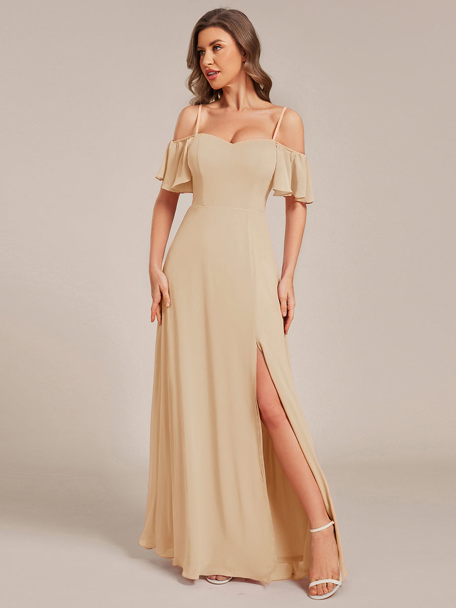 Bodenlanger Offshoulder A-Linien Chiffon Kleid Mit Hohem Schlitz #Farbe_Champagner