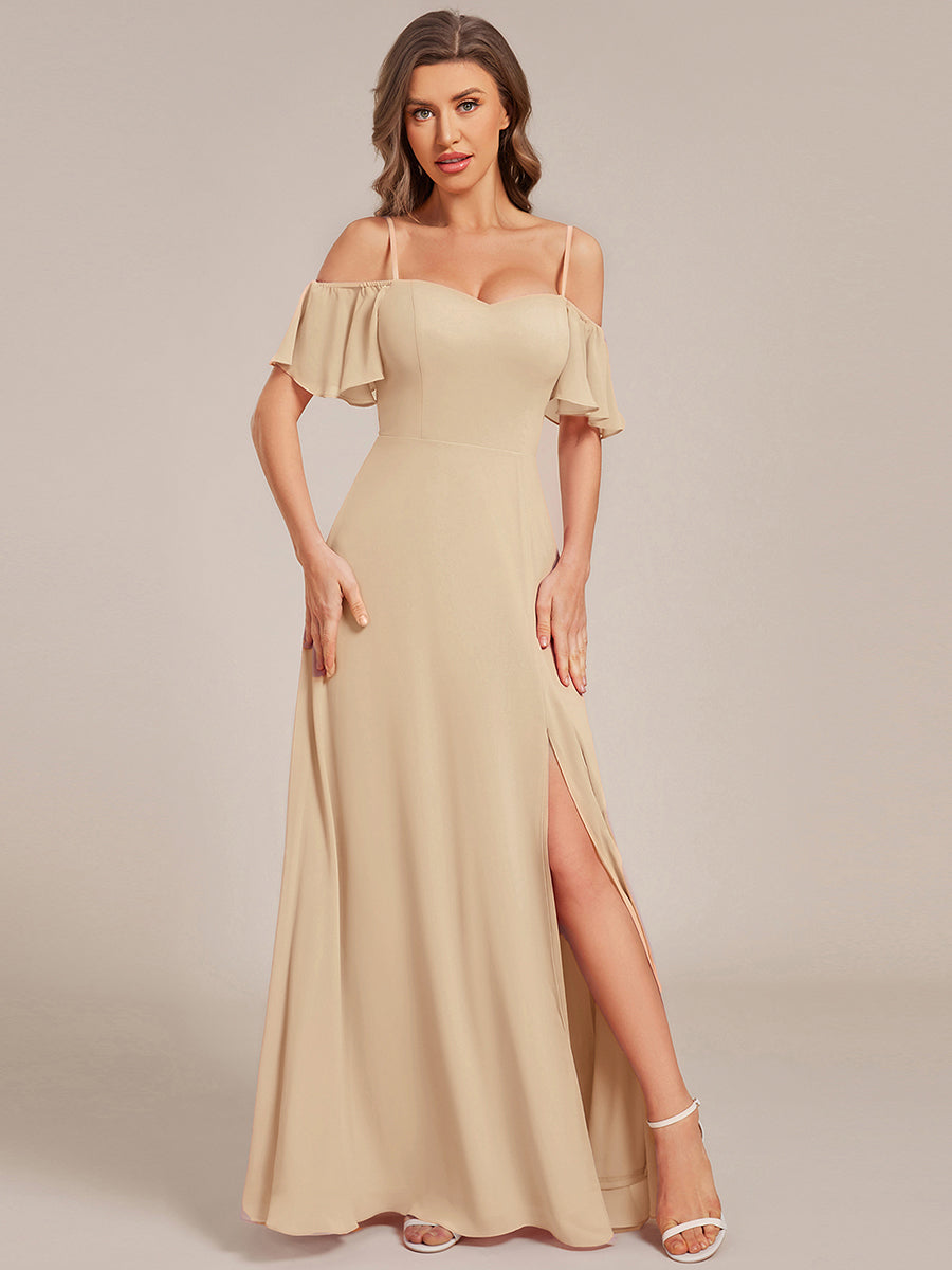 Bodenlanger Offshoulder A-Linien Chiffon Kleid Mit Hohem Schlitz #Farbe_Champagner