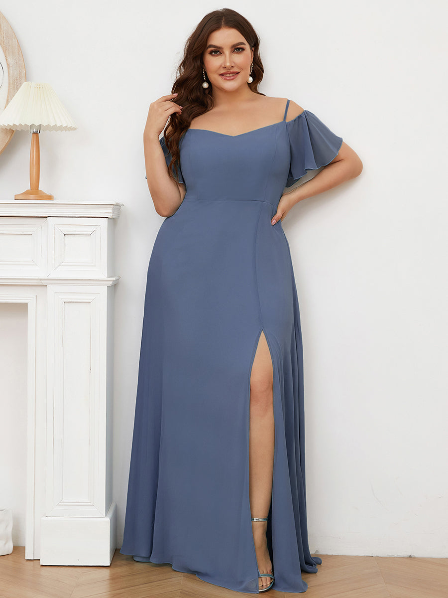 Bodenlanger Offshoulder A-Linien Chiffon Kleid Mit Hohem Schlitz #Farbe_Taubenblau