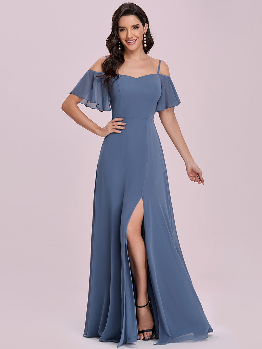 Bodenlanger Offshoulder A-Linien Chiffon Kleid Mit Hohem Schlitz #Farbe_Taubenblau