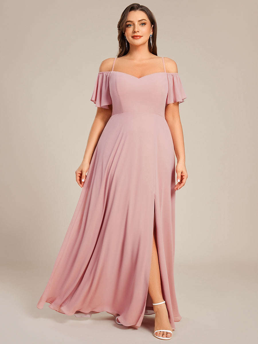 Bodenlanger Offshoulder A-Linien Chiffon Kleid Mit Hohem Schlitz #Farbe_Altrosa