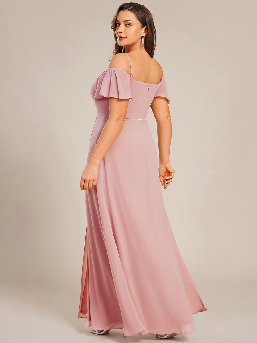 Bodenlanger Offshoulder A-Linien Chiffon Kleid Mit Hohem Schlitz #Farbe_Altrosa