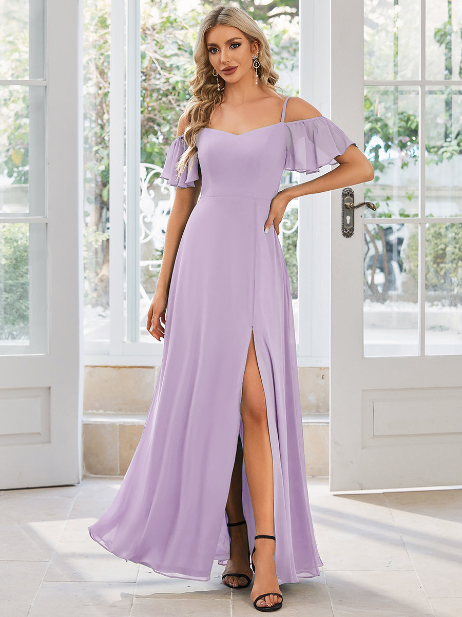Bodenlanger Offshoulder A-Linien Chiffon Kleid Mit Hohem Schlitz #Farbe_Mattflieder