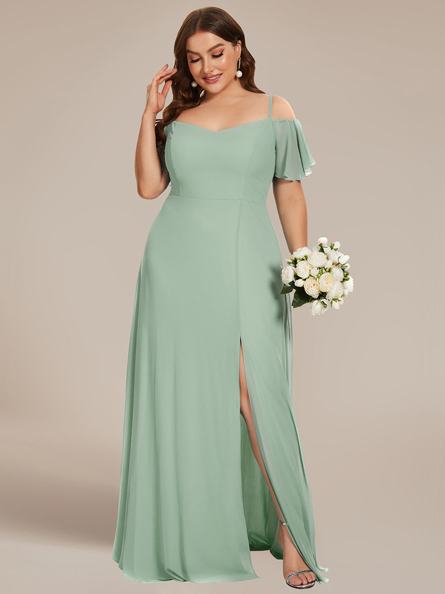 Bodenlanger Offshoulder A-Linien Chiffon Kleid Mit Hohem Schlitz #Farbe_Mintgrün