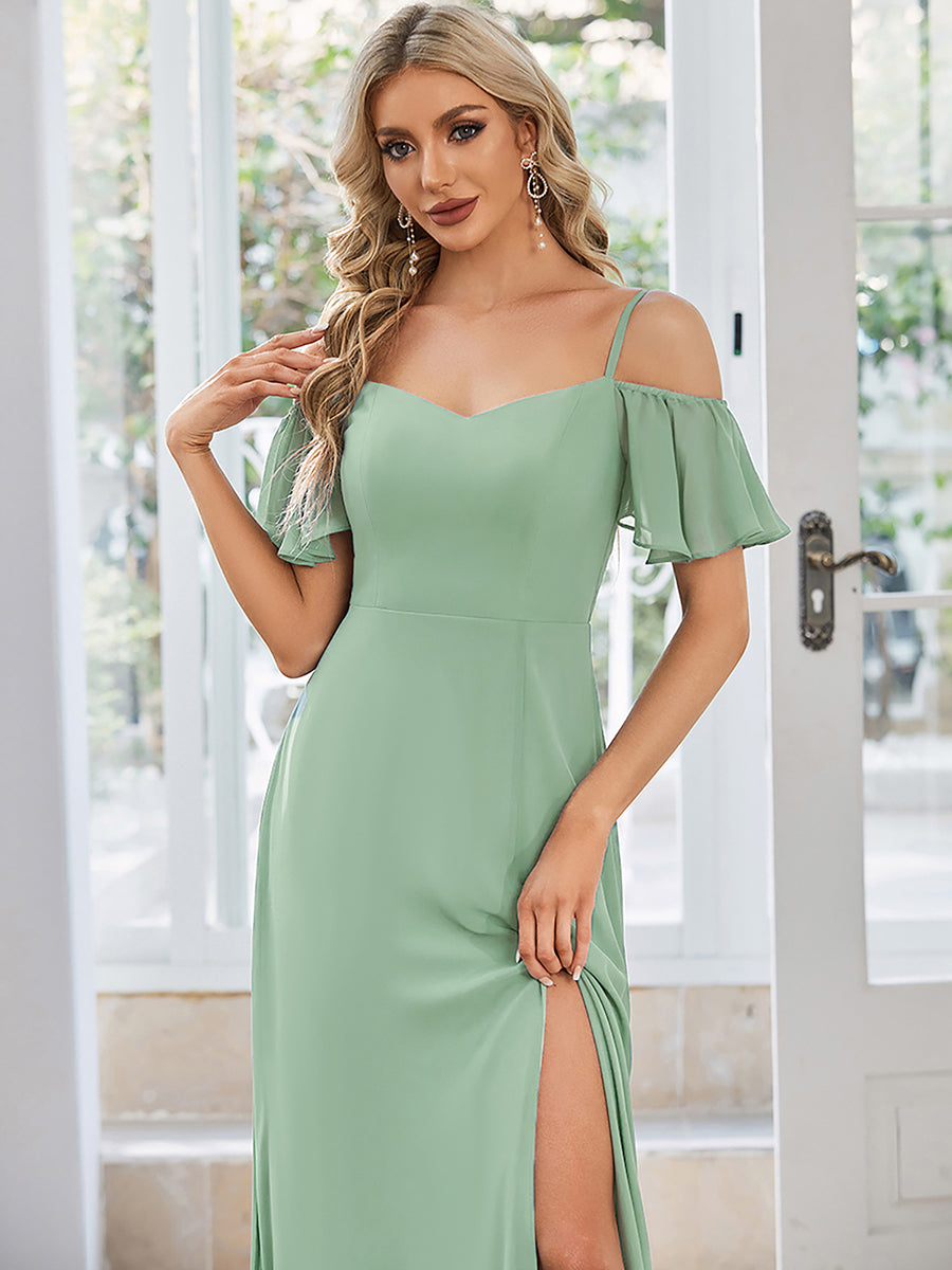 Bodenlanger Offshoulder A-Linien Chiffon Kleid Mit Hohem Schlitz #Farbe_Mintgrün
