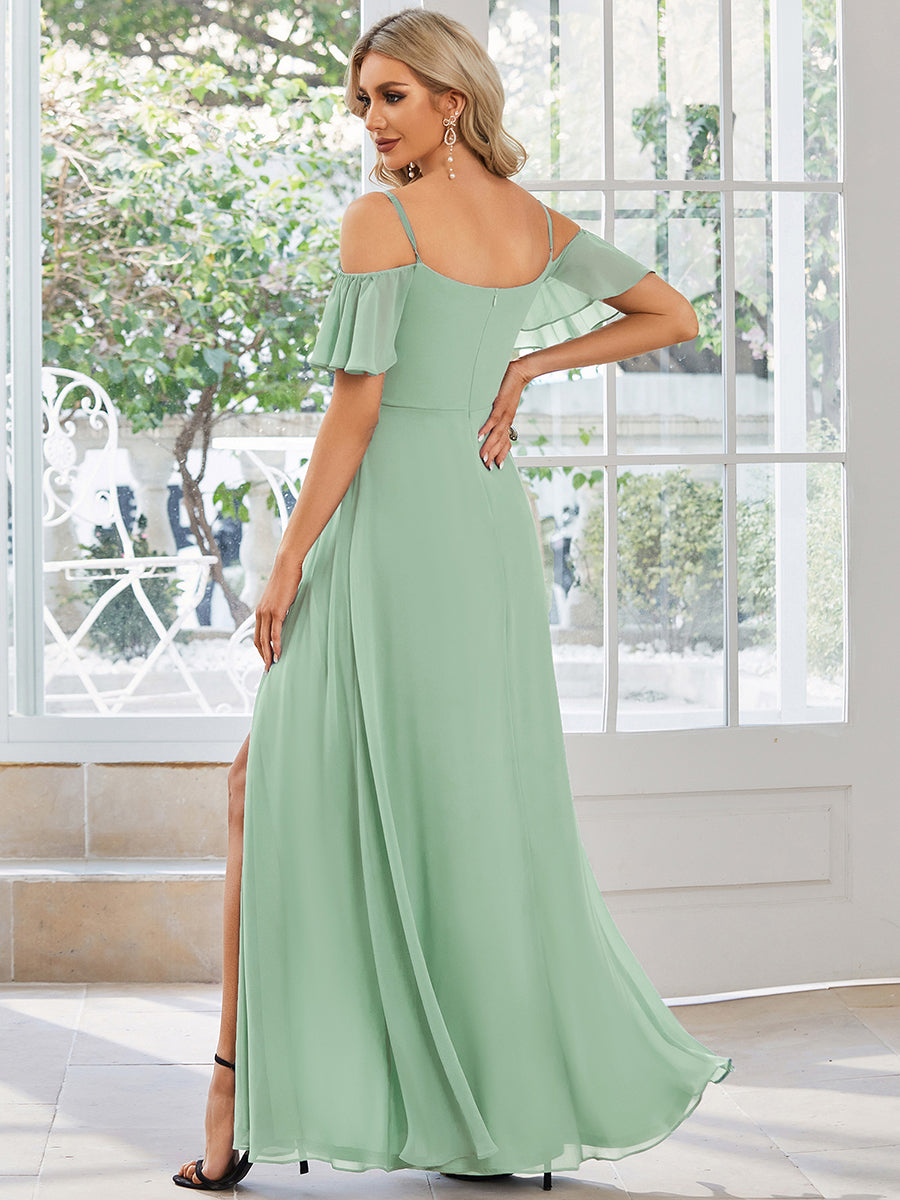 Bodenlanger Offshoulder A-Linien Chiffon Kleid Mit Hohem Schlitz #Farbe_Mintgrün