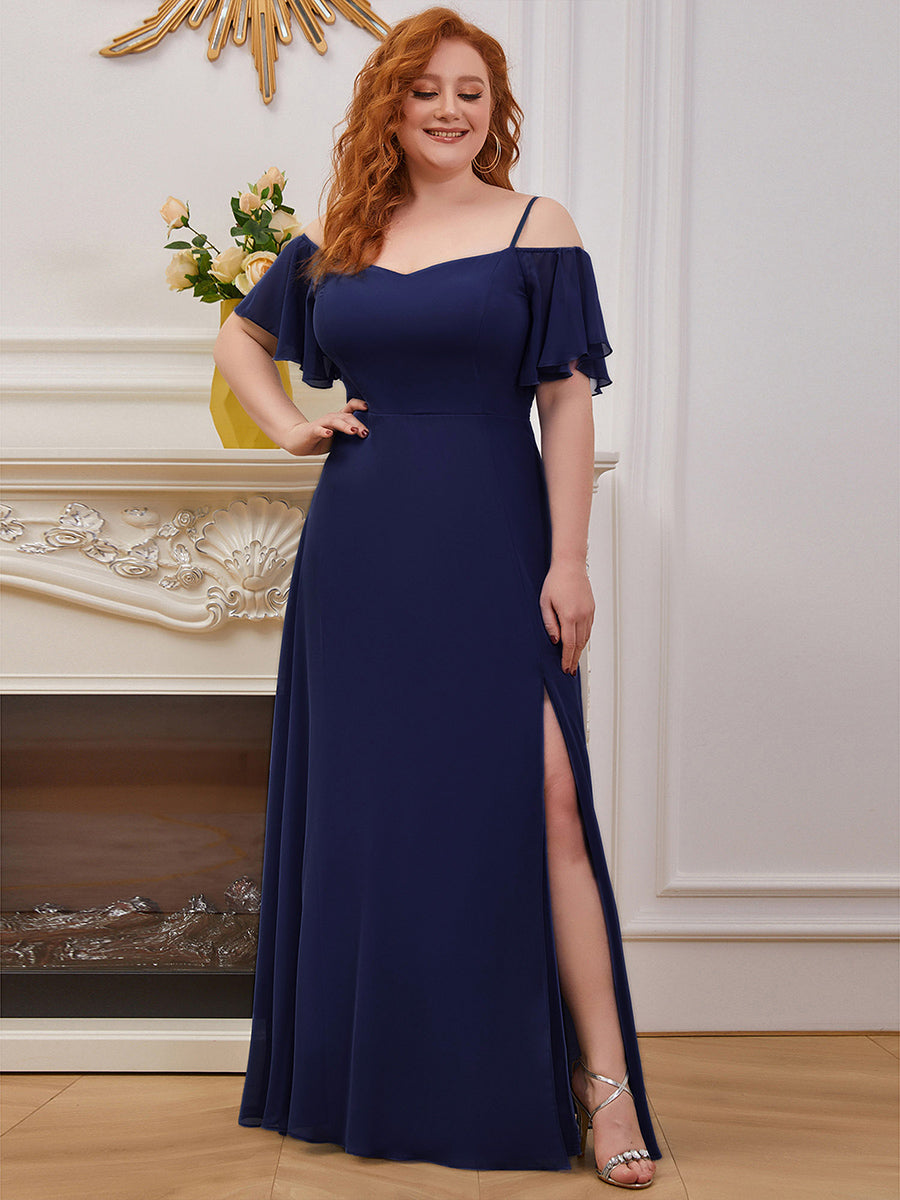 Bodenlanger Offshoulder A-Linien Chiffon Kleid Mit Hohem Schlitz #Farbe_Marineblau