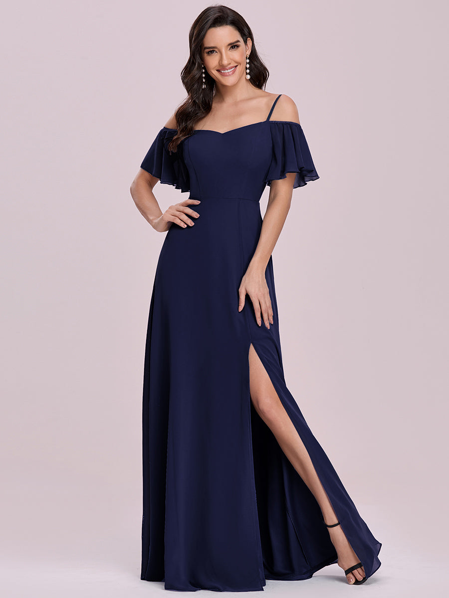 Bodenlanger Offshoulder A-Linien Chiffon Kleid Mit Hohem Schlitz #Farbe_Marineblau