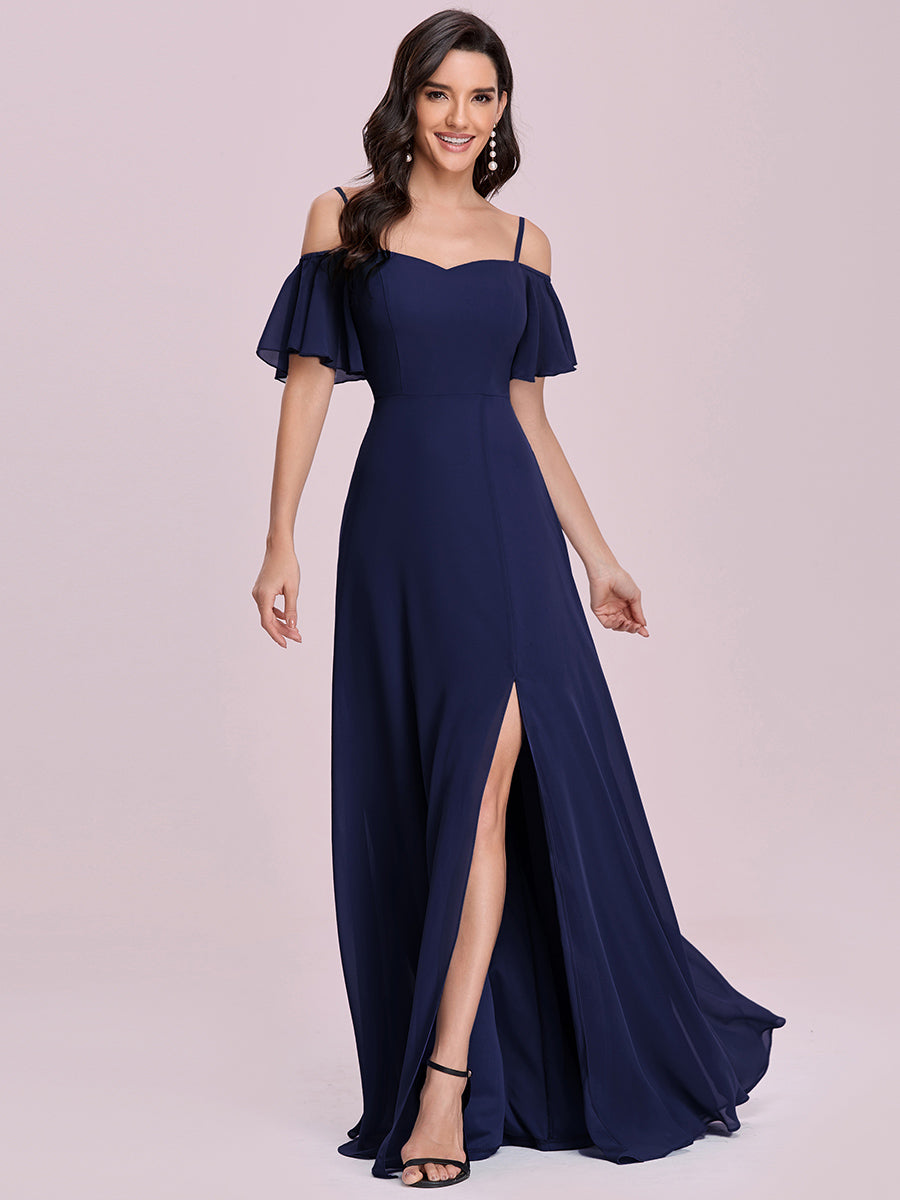 Bodenlanger Offshoulder A-Linien Chiffon Kleid Mit Hohem Schlitz #Farbe_Marineblau