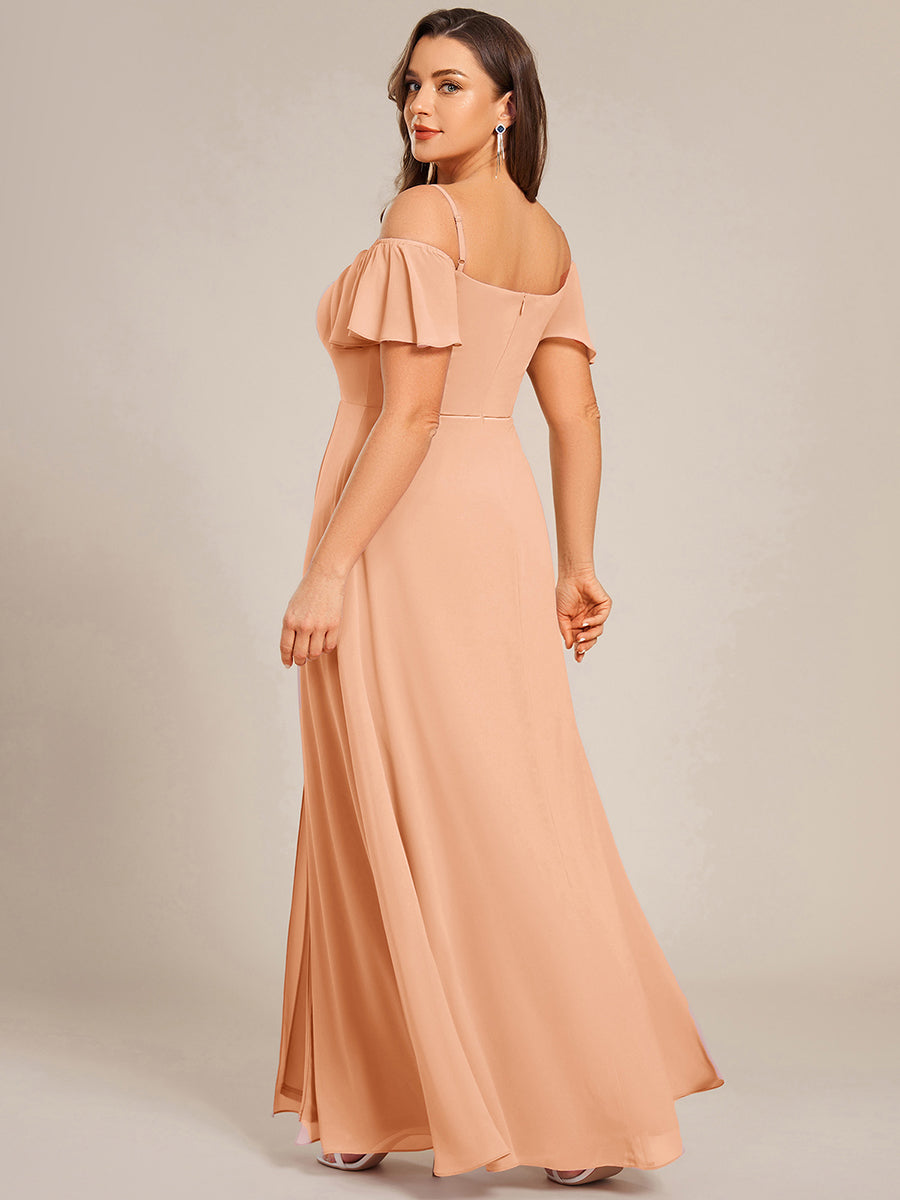 Bodenlanger Offshoulder A-Linien Chiffon Kleid Mit Hohem Schlitz #Farbe_Pfirsich