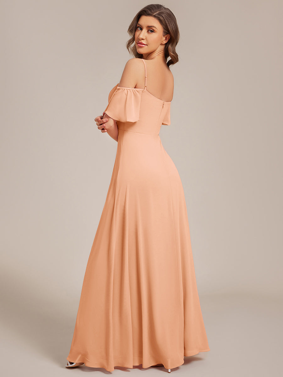 Bodenlanger Offshoulder A-Linien Chiffon Kleid Mit Hohem Schlitz #Farbe_Pfirsich