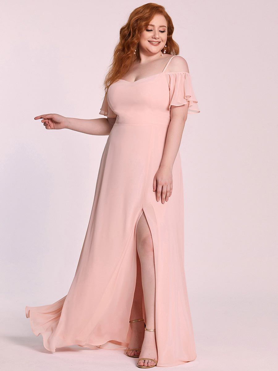 Bodenlanger Offshoulder A-Linien Chiffon Kleid Mit Hohem Schlitz #Farbe_Pink