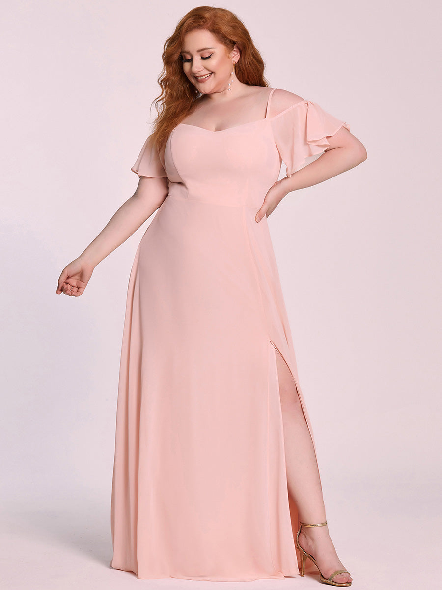 Bodenlanger Offshoulder A-Linien Chiffon Kleid Mit Hohem Schlitz #Farbe_Pink