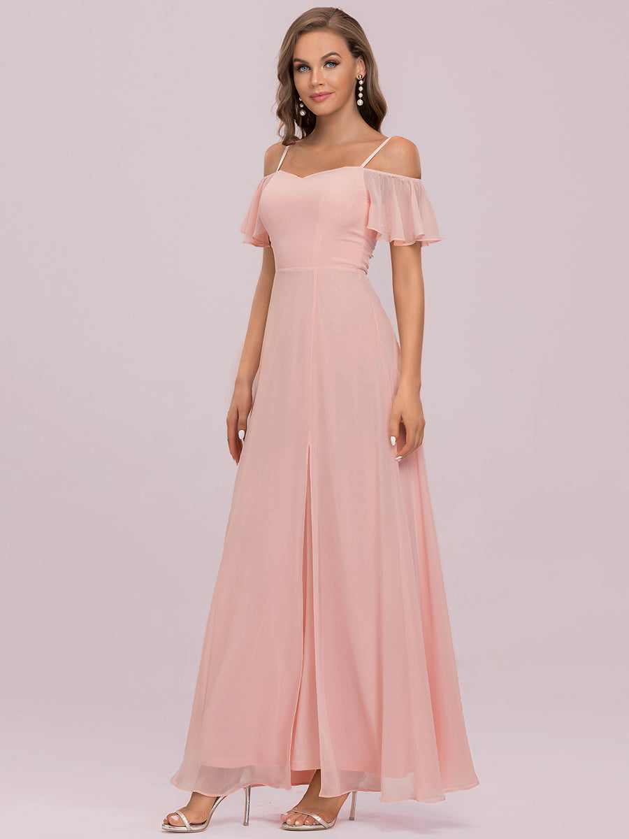 Bodenlanger Offshoulder A-Linien Chiffon Kleid Mit Hohem Schlitz #Farbe_Pink