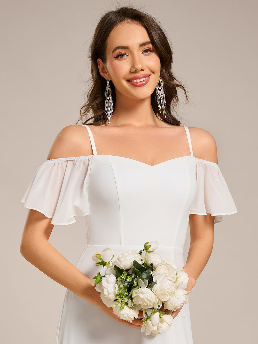 Bodenlanger Offshoulder A-Linien Chiffon Kleid Mit Hohem Schlitz #Farbe_Weiß