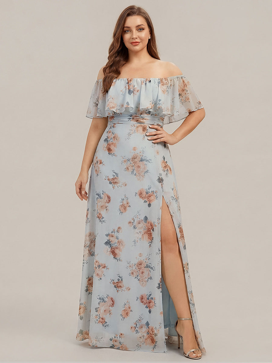 Bodenlanger Offshoulder A-Linie Chiffon Kleid Mit Falten Design Und Oberschenkel Hohem Schlitz #Farbe_Bernstein