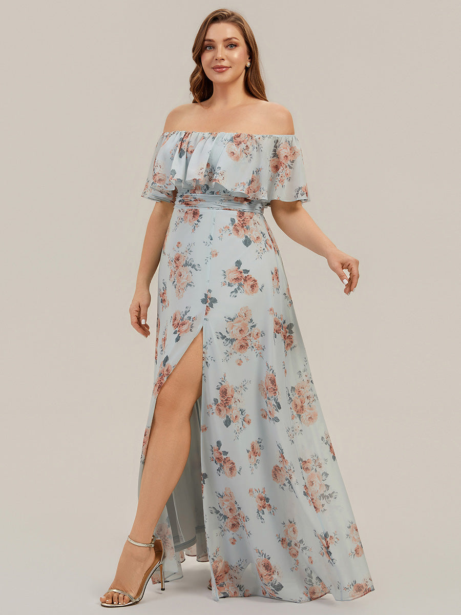 Bodenlanger Offshoulder A-Linie Chiffon Kleid Mit Falten Design Und Oberschenkel Hohem Schlitz #Farbe_Bernstein