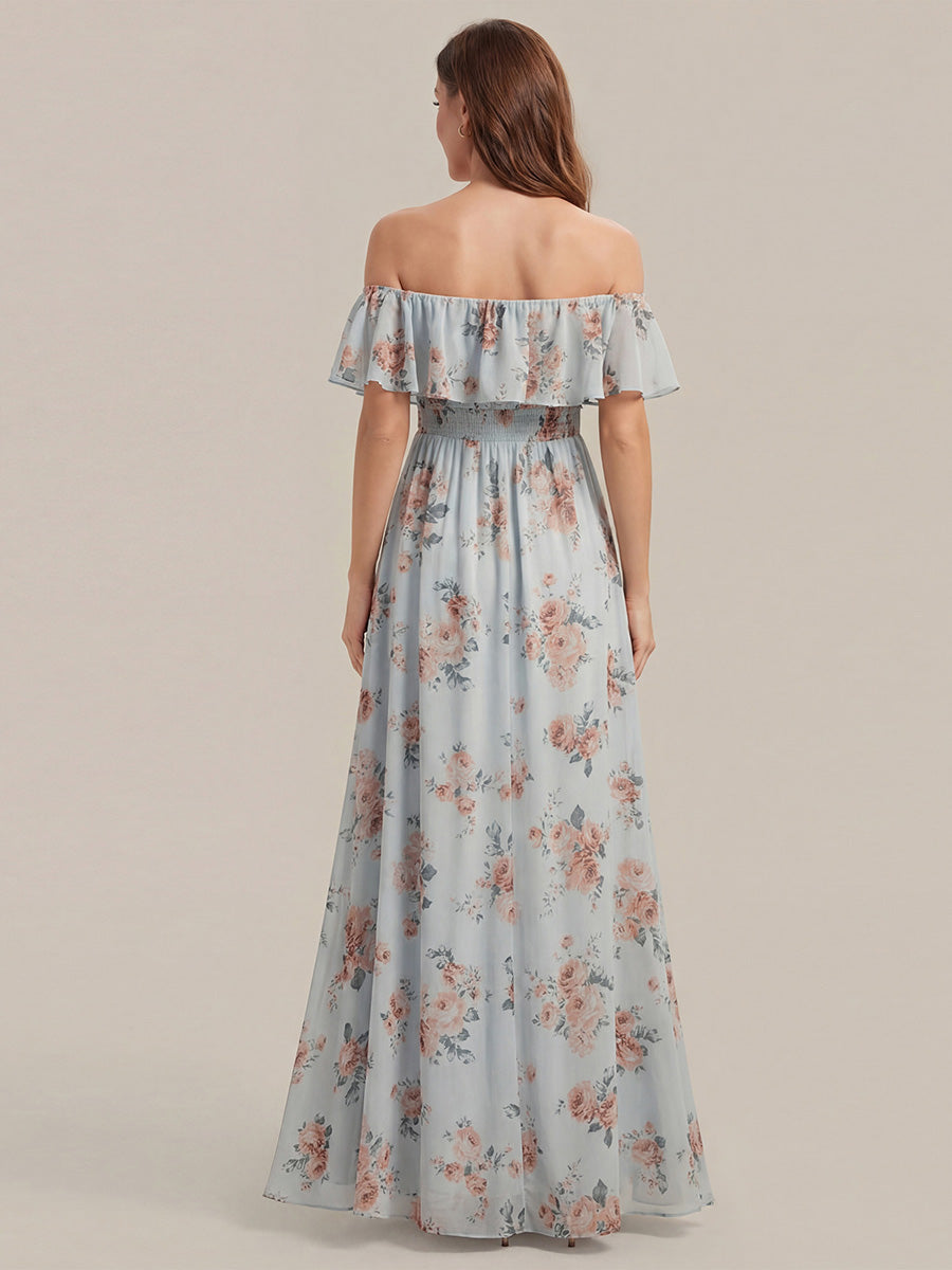 Bodenlanger Offshoulder A-Linie Chiffon Kleid Mit Falten Design Und Oberschenkel Hohem Schlitz #Farbe_Bernstein