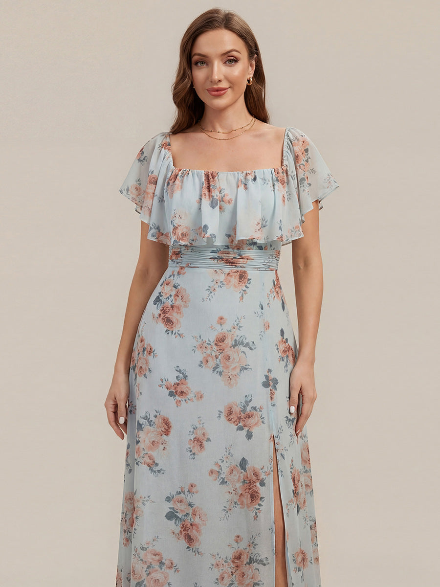 Bodenlanger Offshoulder A-Linie Chiffon Kleid Mit Falten Design Und Oberschenkel Hohem Schlitz #Farbe_Bernstein