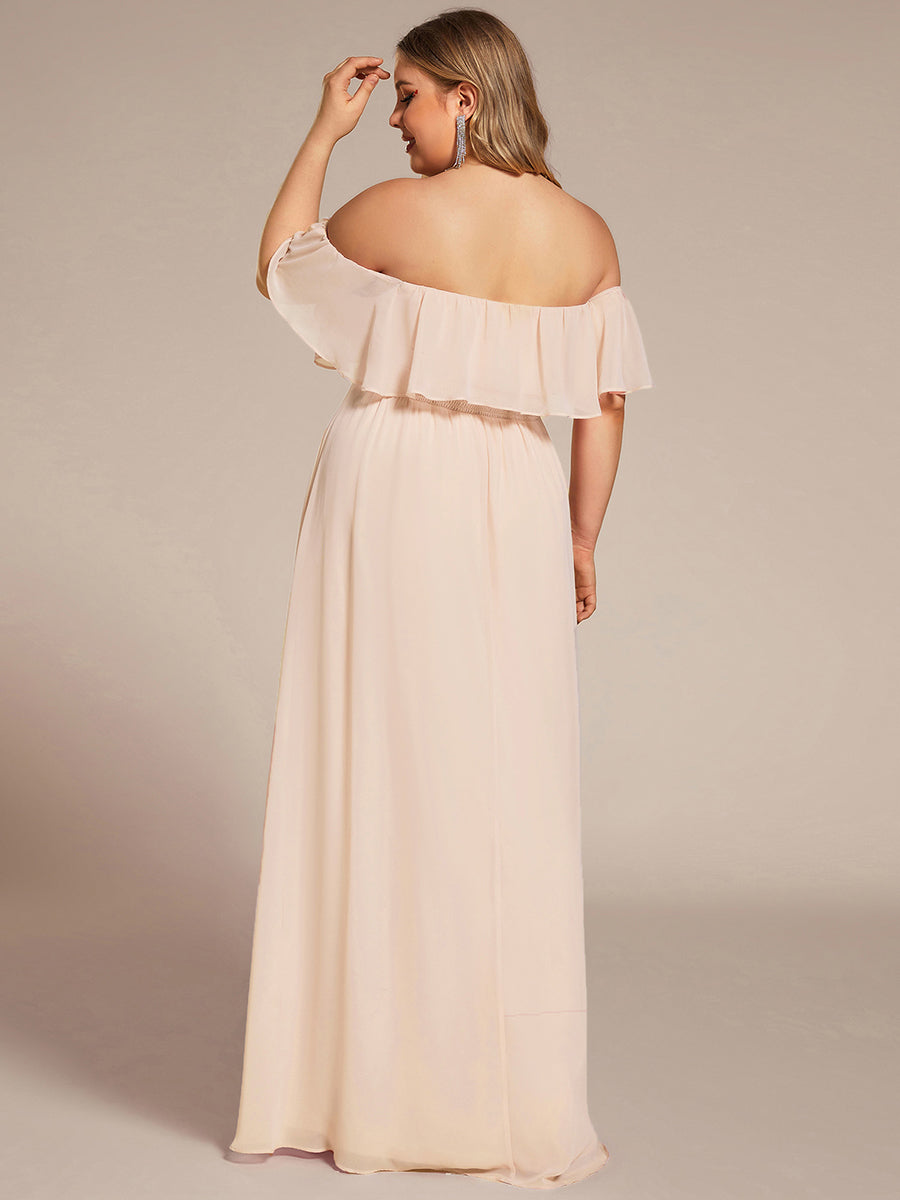 Bodenlanger Offshoulder A-Linie Chiffon Kleid Mit Falten Design Und Oberschenkel Hohem Schlitz #Farbe_Blush-Rosa
