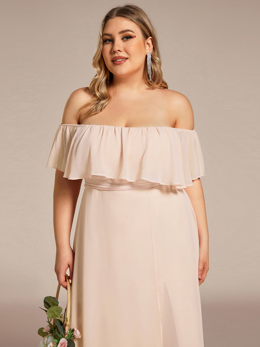 Bodenlanger Offshoulder A-Linie Chiffon Kleid Mit Falten Design Und Oberschenkel Hohem Schlitz #Farbe_Blush-Rosa