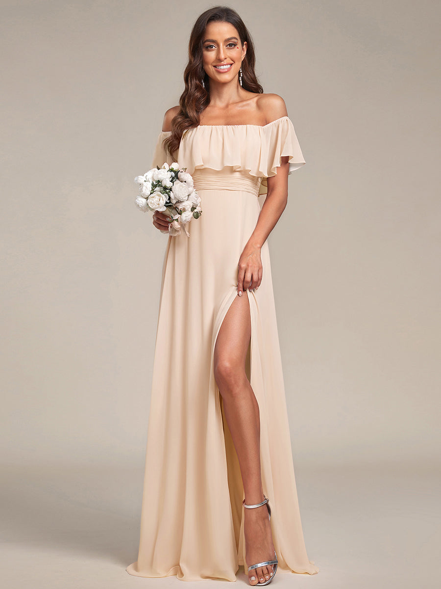 Bodenlanger Offshoulder A-Linie Chiffon Kleid Mit Falten Design Und Oberschenkel Hohem Schlitz #Farbe_Blush-Rosa