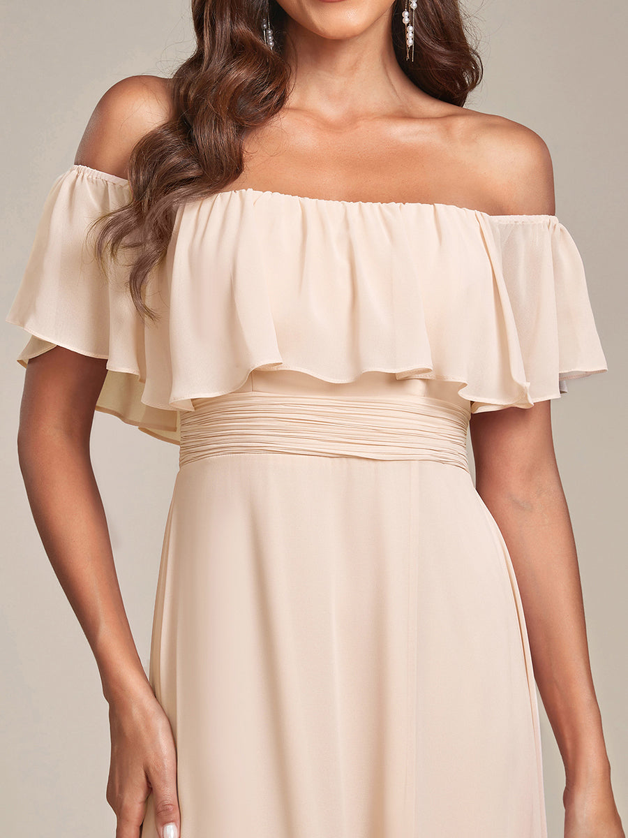 Bodenlanger Offshoulder A-Linie Chiffon Kleid Mit Falten Design Und Oberschenkel Hohem Schlitz #Farbe_Blush-Rosa