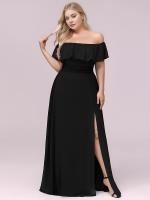 Bodenlanger Offshoulder A-Linie Chiffon Kleid Mit Falten Design Und Oberschenkel Hohem Schlitz #Farbe_Schwarz