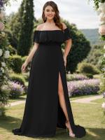 Bodenlanger Offshoulder A-Linie Chiffon Kleid Mit Falten Design Und Oberschenkel Hohem Schlitz #Farbe_Schwarz