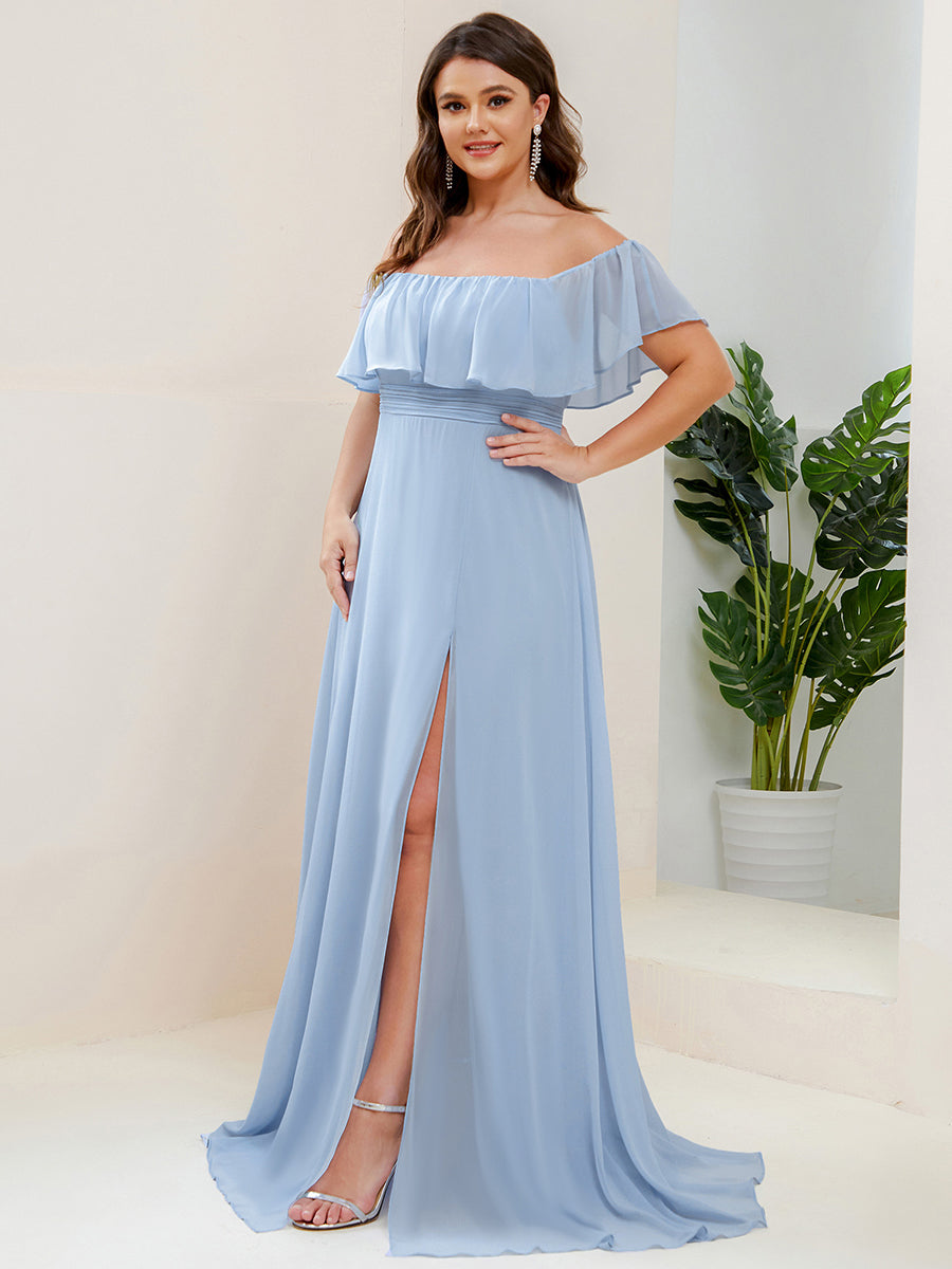 Bodenlanger Offshoulder A-Linie Chiffon Kleid Mit Falten Design Und Oberschenkel Hohem Schlitz #Farbe_Himmelblau