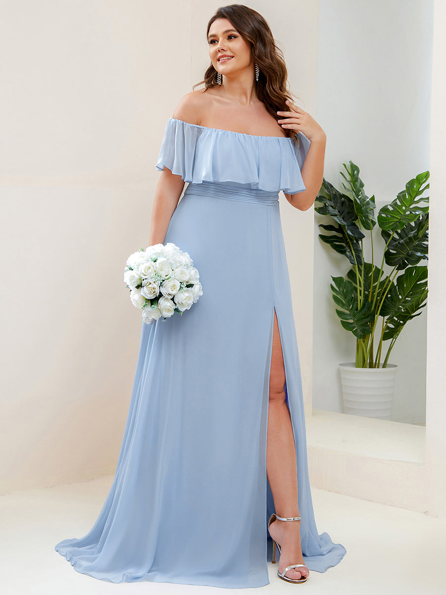 Bodenlanger Offshoulder A-Linie Chiffon Kleid Mit Falten Design Und Oberschenkel Hohem Schlitz #Farbe_Himmelblau