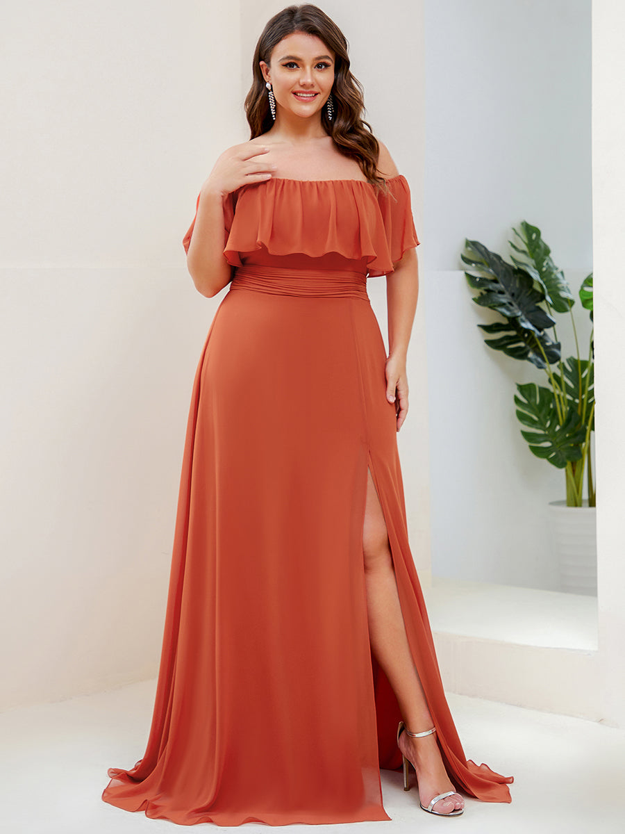 Bodenlanger Offshoulder A-Linie Chiffon Kleid Mit Falten Design Und Oberschenkel Hohem Schlitz #Farbe_Gebranntes Orange