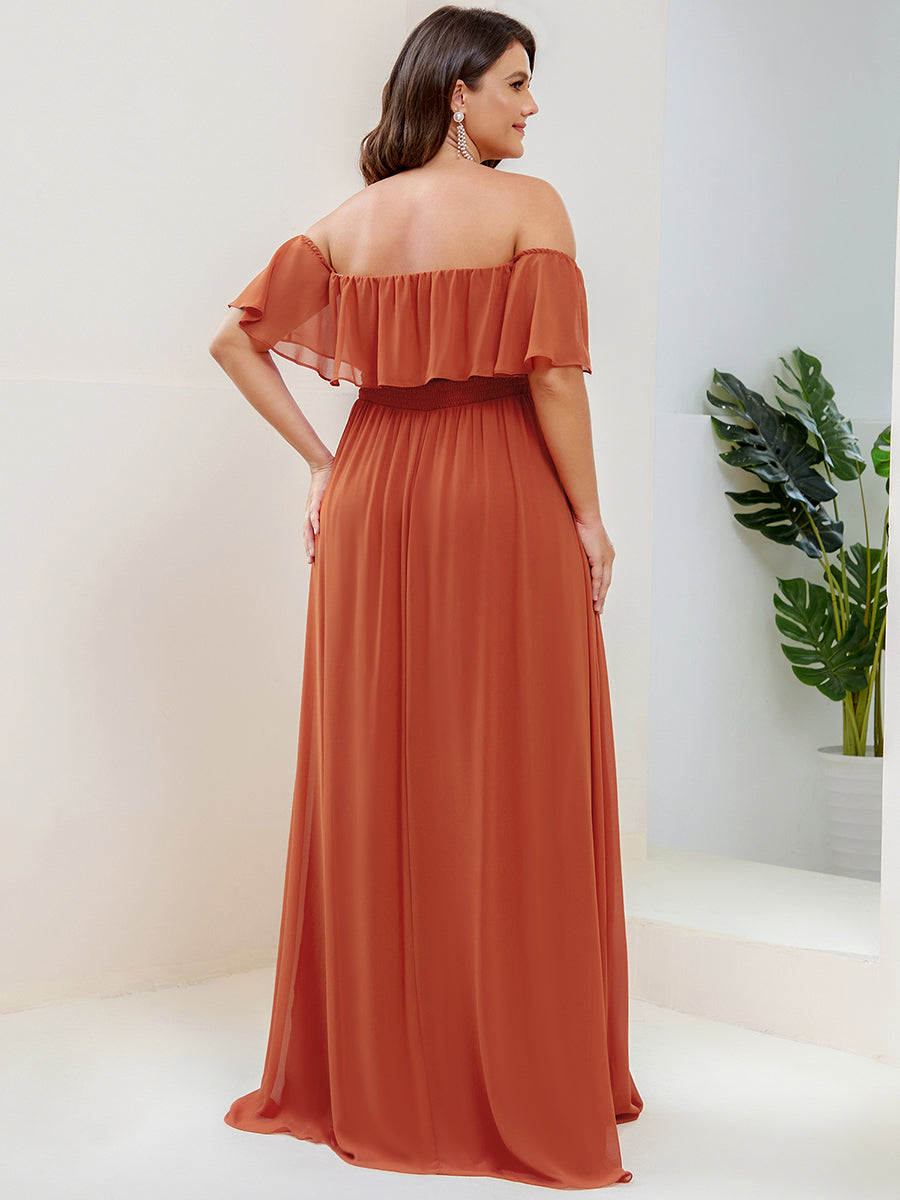 Bodenlanger Offshoulder A-Linie Chiffon Kleid Mit Falten Design Und Oberschenkel Hohem Schlitz #Farbe_Gebranntes Orange