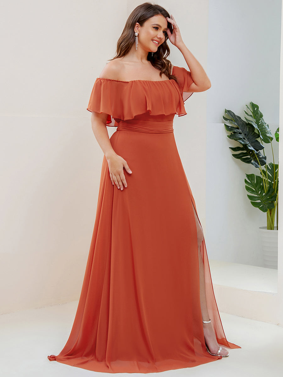 Bodenlanger Offshoulder A-Linie Chiffon Kleid Mit Falten Design Und Oberschenkel Hohem Schlitz #Farbe_Gebranntes Orange