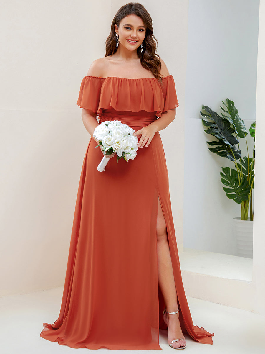 Bodenlanger Offshoulder A-Linie Chiffon Kleid Mit Falten Design Und Oberschenkel Hohem Schlitz #Farbe_Gebranntes Orange