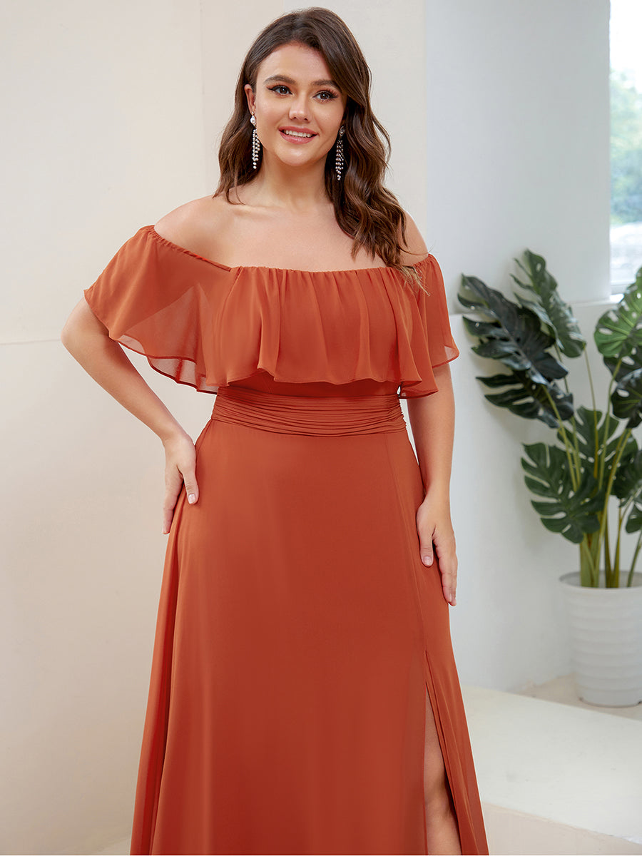 Bodenlanger Offshoulder A-Linie Chiffon Kleid Mit Falten Design Und Oberschenkel Hohem Schlitz #Farbe_Gebranntes Orange