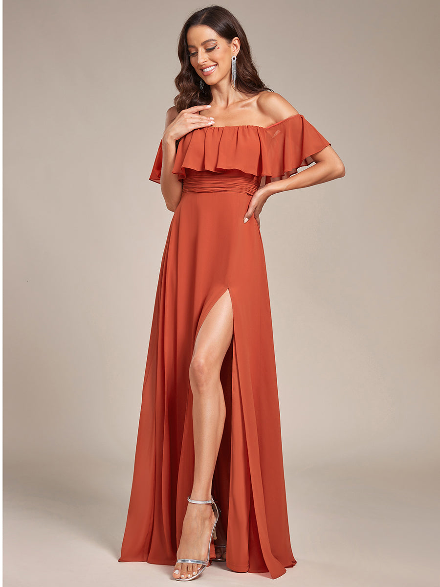 Bodenlanger Offshoulder A-Linie Chiffon Kleid Mit Falten Design Und Oberschenkel Hohem Schlitz #Farbe_Gebranntes Orange