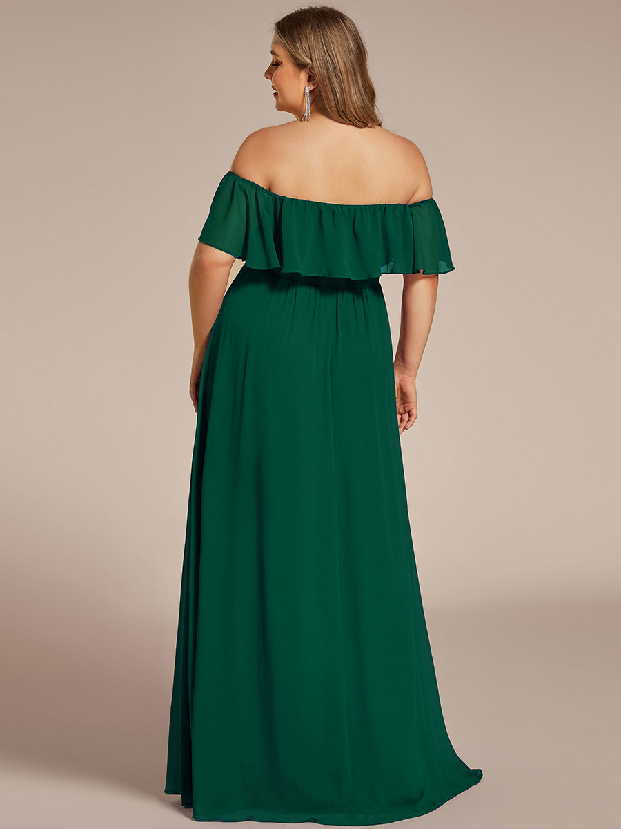 Bodenlanger Offshoulder A-Linie Chiffon Kleid Mit Falten Design Und Oberschenkel Hohem Schlitz #Farbe_Dunkelgrün