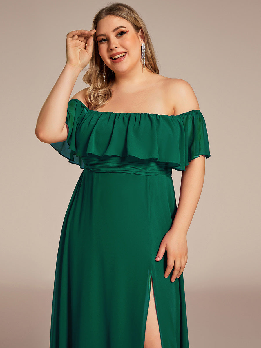 Bodenlanger Offshoulder A-Linie Chiffon Kleid Mit Falten Design Und Oberschenkel Hohem Schlitz #Farbe_Dunkelgrün