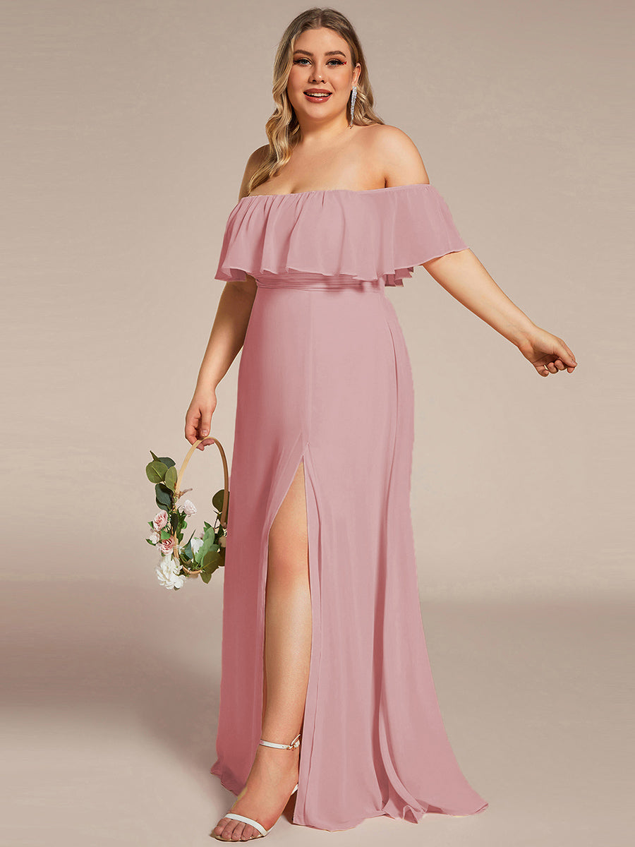 Bodenlanger Offshoulder A-Linie Chiffon Kleid Mit Falten Design Und Oberschenkel Hohem Schlitz #Farbe_Altrosa