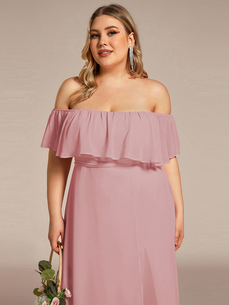 Bodenlanger Offshoulder A-Linie Chiffon Kleid Mit Falten Design Und Oberschenkel Hohem Schlitz #Farbe_Altrosa