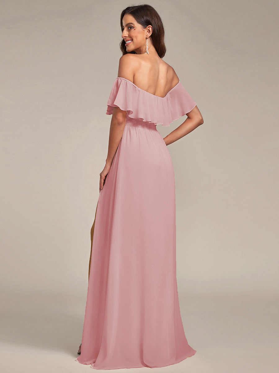 Bodenlanger Offshoulder A-Linie Chiffon Kleid Mit Falten Design Und Oberschenkel Hohem Schlitz #Farbe_Altrosa