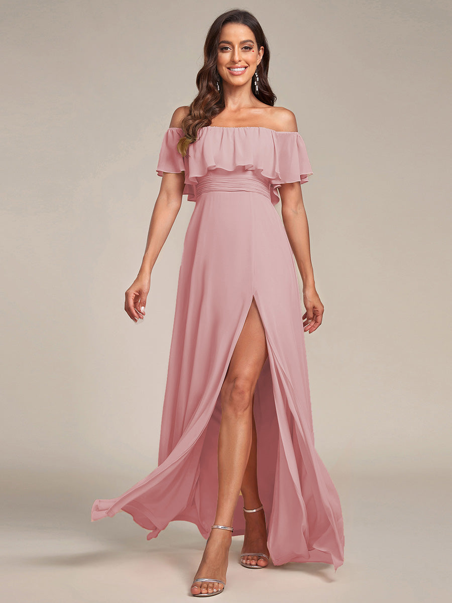 Bodenlanger Offshoulder A-Linie Chiffon Kleid Mit Falten Design Und Oberschenkel Hohem Schlitz #Farbe_Altrosa