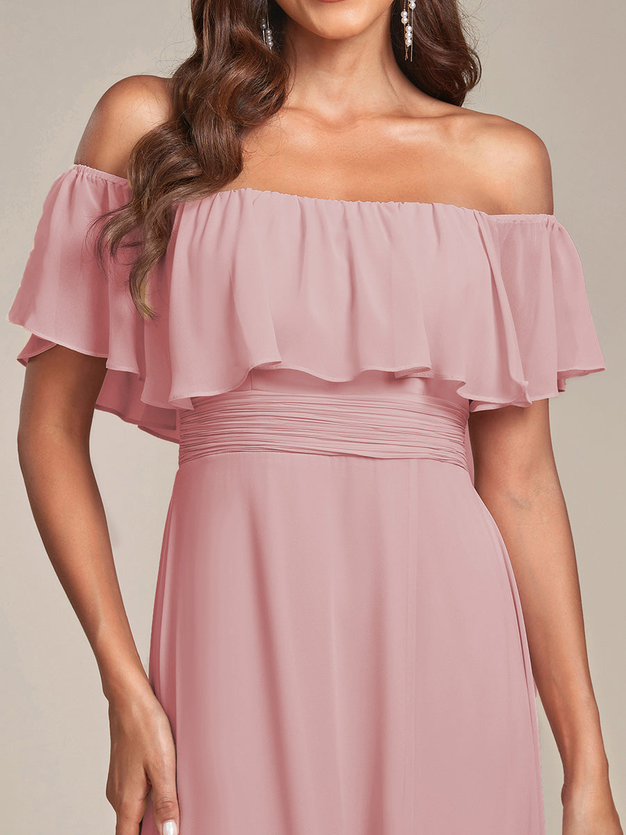 Bodenlanger Offshoulder A-Linie Chiffon Kleid Mit Falten Design Und Oberschenkel Hohem Schlitz #Farbe_Altrosa