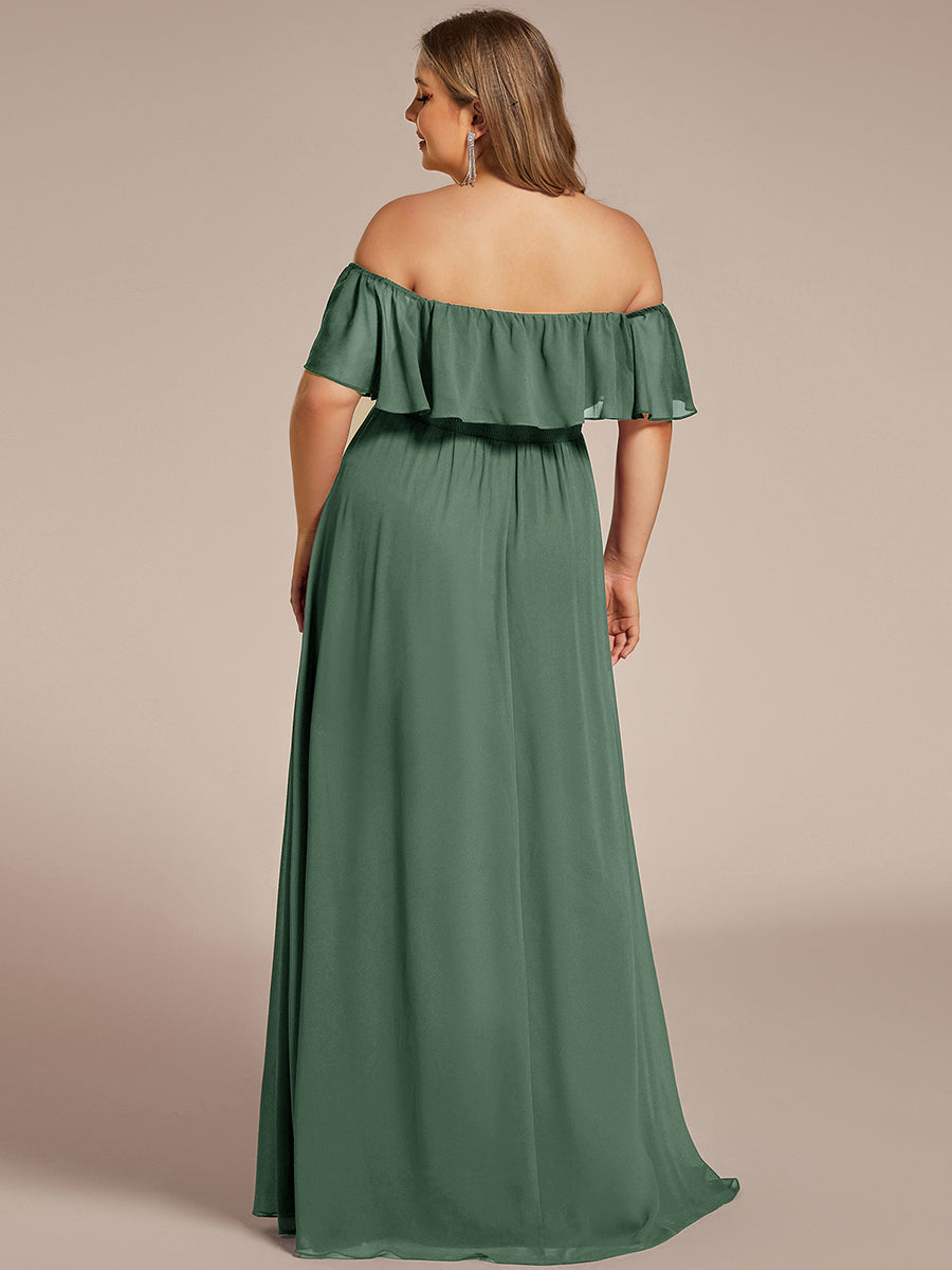 Bodenlanger Offshoulder A-Linie Chiffon Kleid Mit Falten Design Und Oberschenkel Hohem Schlitz #Farbe_Eukalyptus