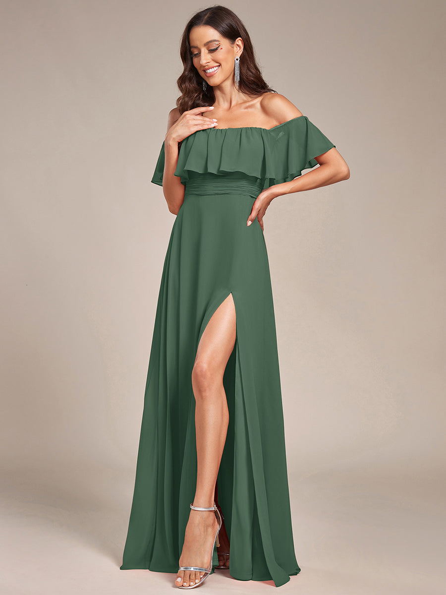 Bodenlanger Offshoulder A-Linie Chiffon Kleid Mit Falten Design Und Oberschenkel Hohem Schlitz #Farbe_Eukalyptus