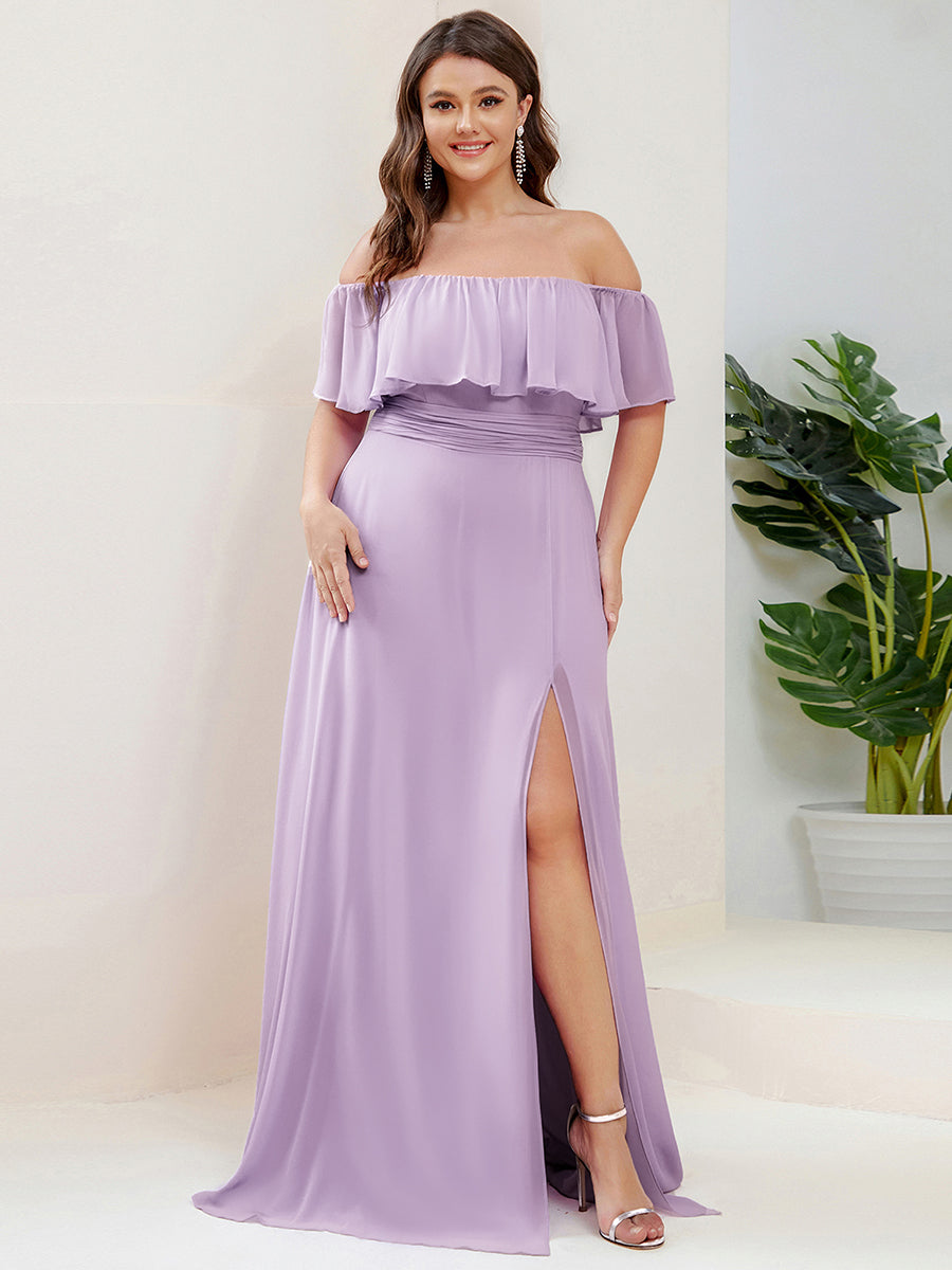 Bodenlanger Offshoulder A-Linie Chiffon Kleid Mit Falten Design Und Oberschenkel Hohem Schlitz #Farbe_Mattflieder