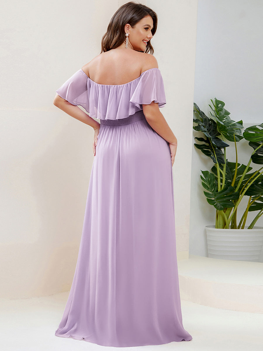 Bodenlanger Offshoulder A-Linie Chiffon Kleid Mit Falten Design Und Oberschenkel Hohem Schlitz #Farbe_Mattflieder